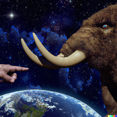 Finger pointing at a mastodon and the world in space